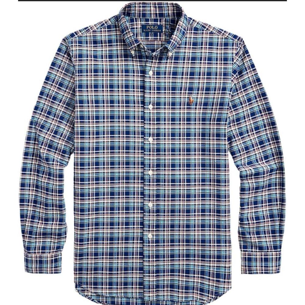 Polo Ralph Lauren Men's Classic Fit Plaid‎ Oxford Size Medium Preppy Blue Plaid